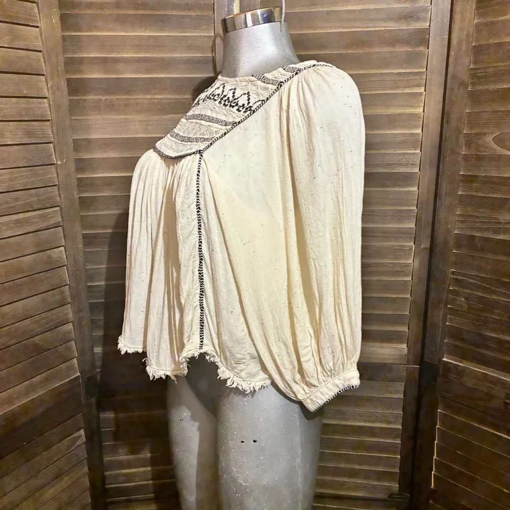 Free People Cyprus Avenue Peasant Blouse Embroidered Puff Sleeve Edwardian Small - Picture 9 of 11